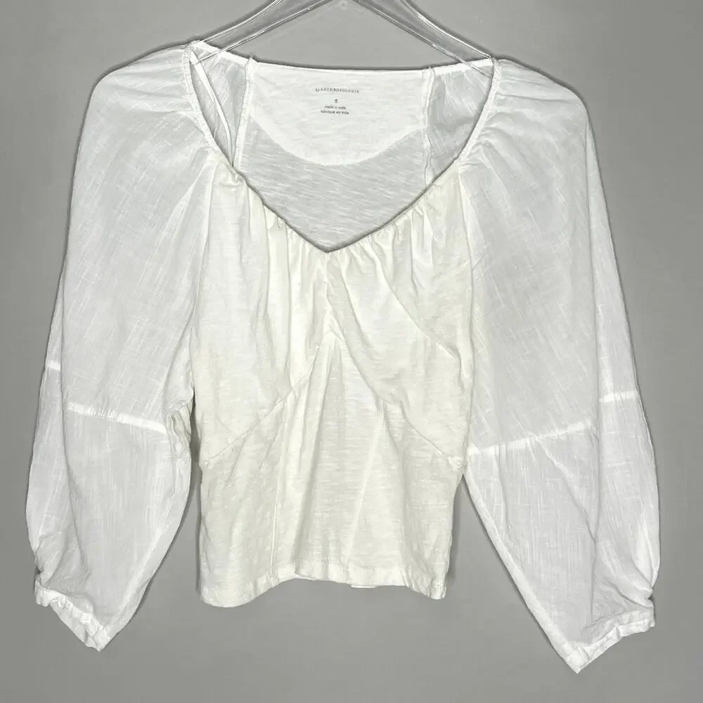 Anthropologie S Womens Ivory V Neck Ruched Knit Top Puff Sleeve *flaw